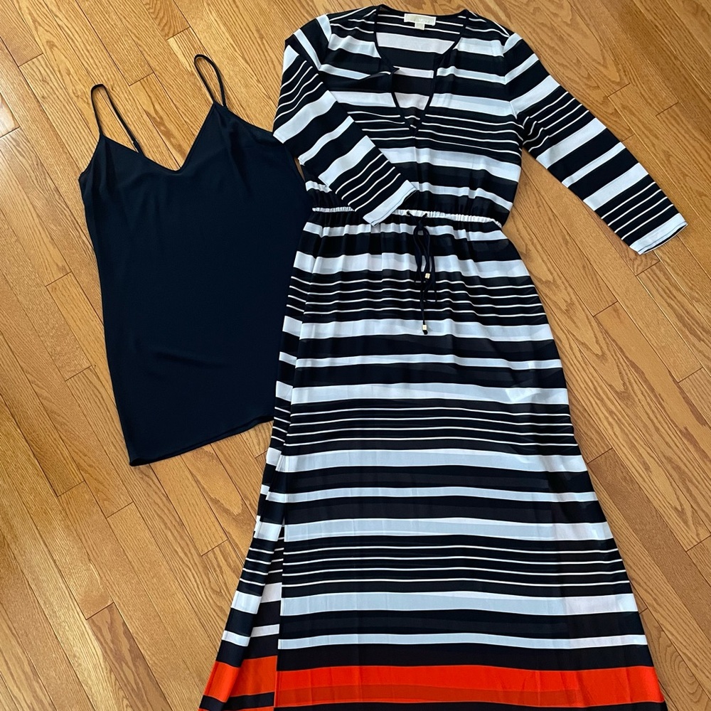 MICHAEL KORS Resort- Striped Navy and White Maxi dress with removable slip